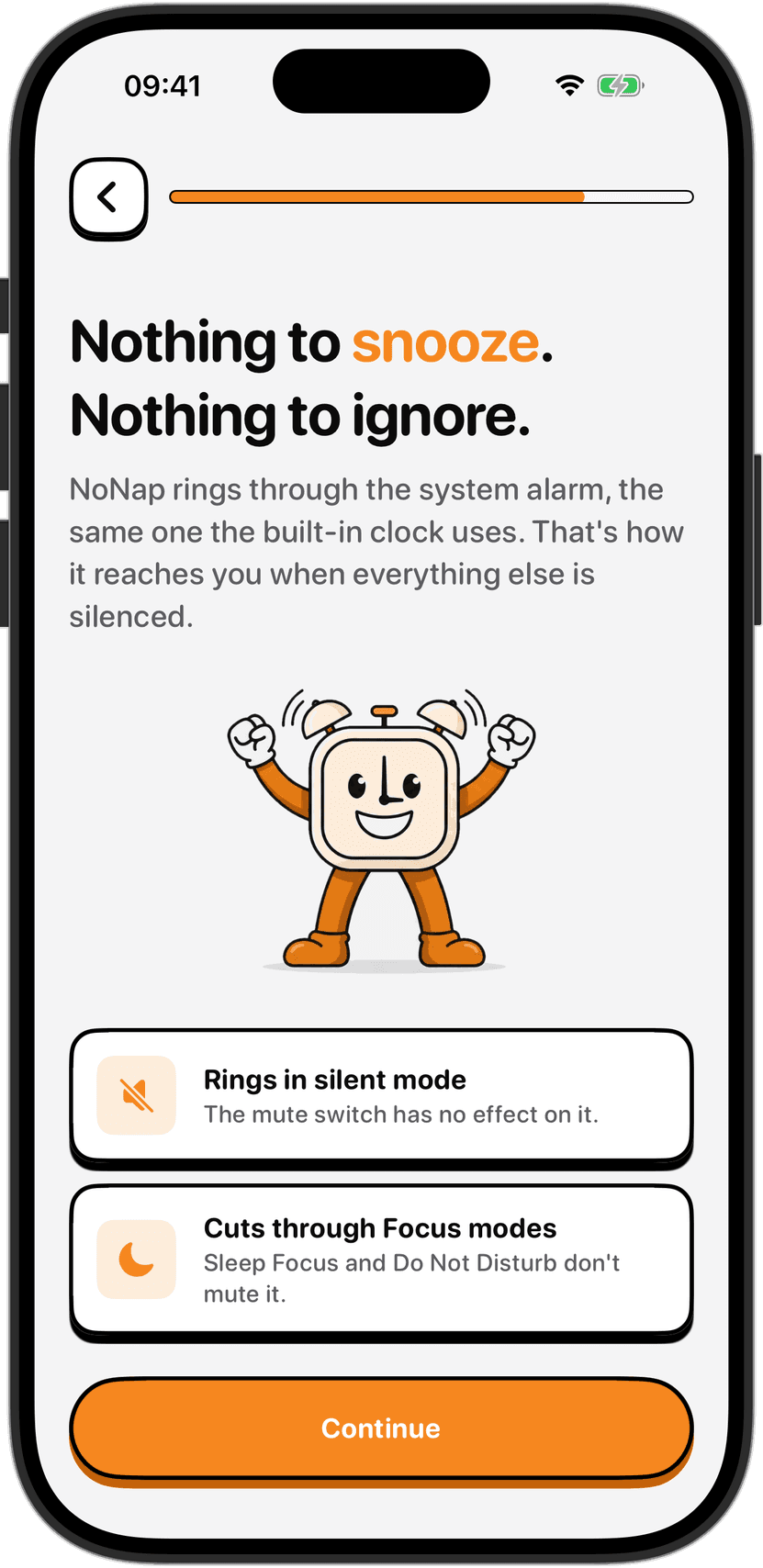 NoNap explaining that the alarm rings through silent mode and Focus