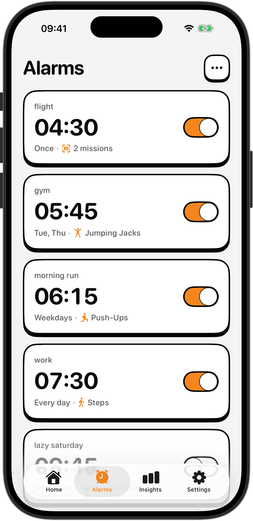 The NoNap alarms list