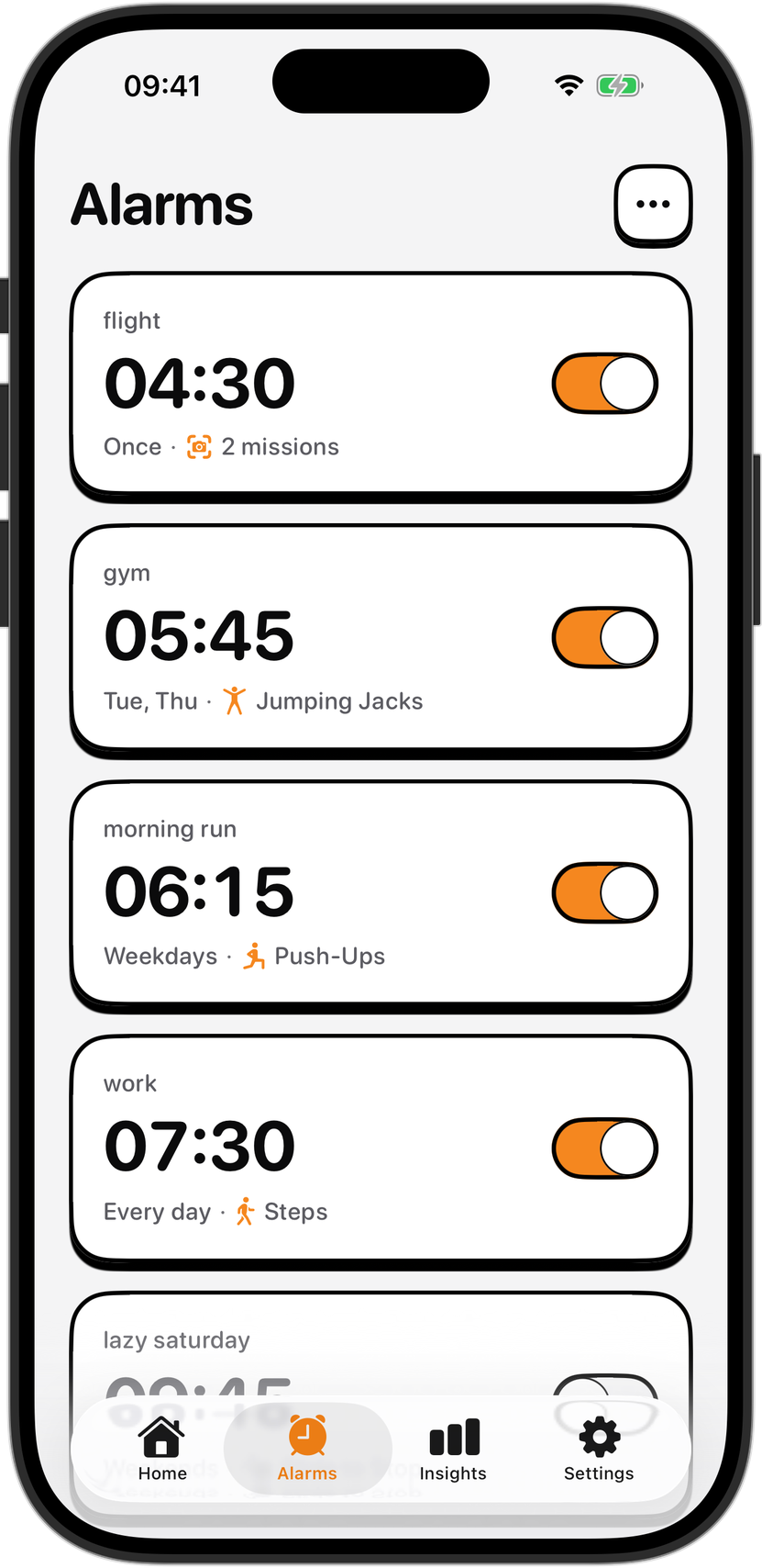An iPhone alarm clock app screen on an orange background showing a ringing alarm