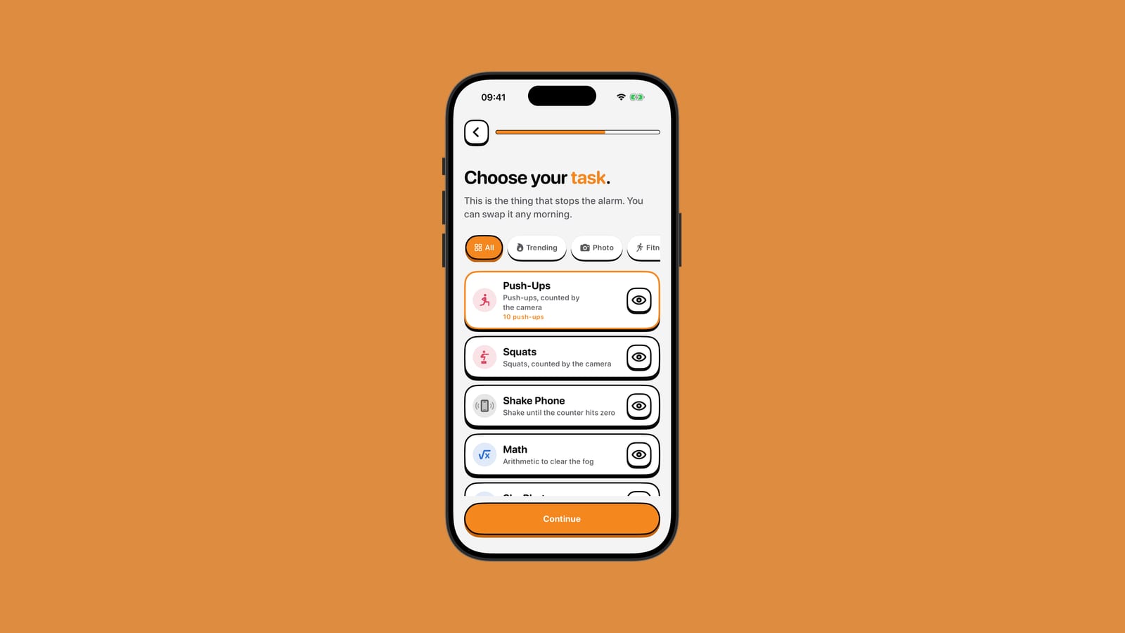 Two iPhone screens on a brand-orange background showing NoNap's wake task picker with camera-verified movement and mental options