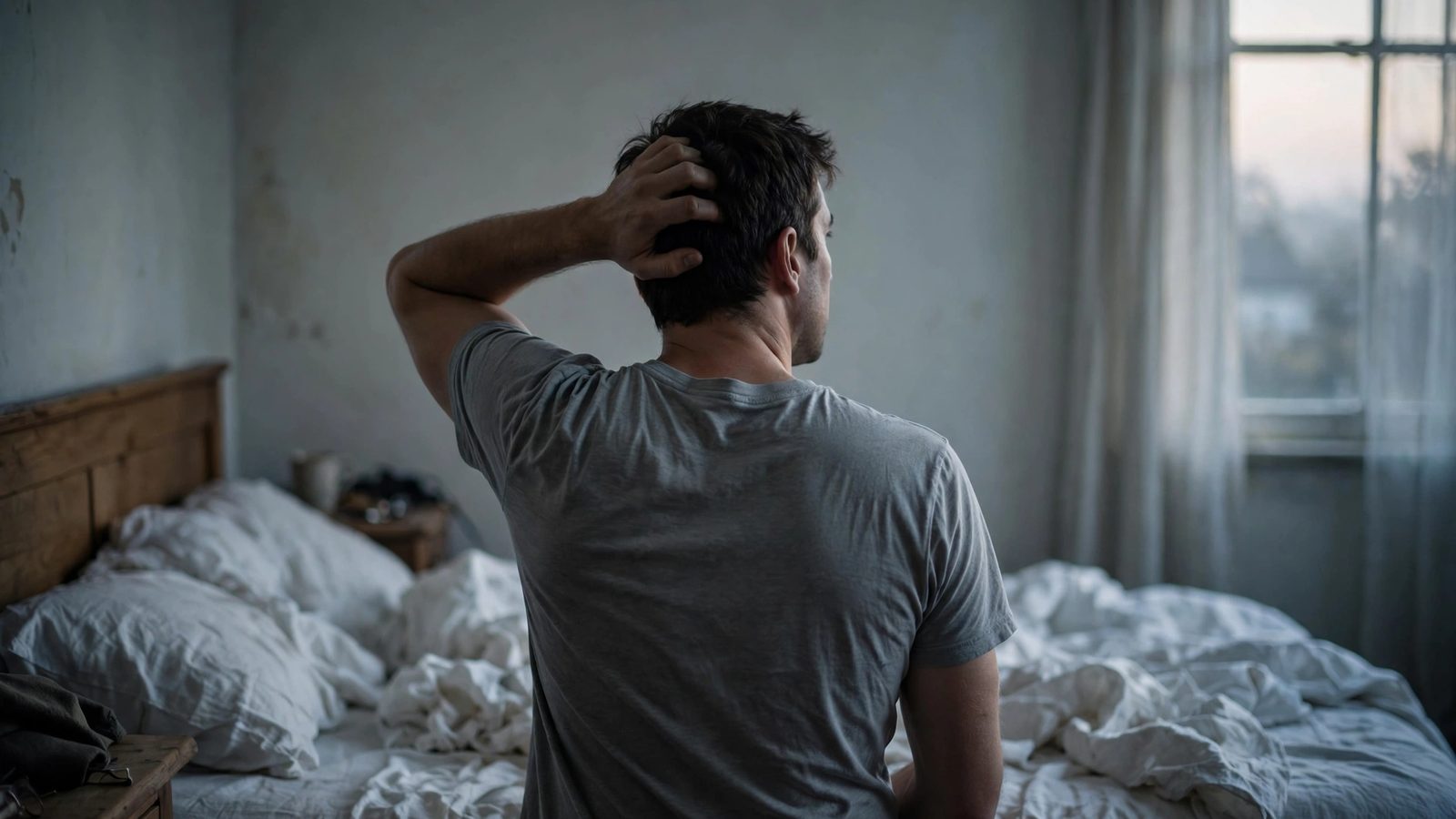 A man seen from behind standing beside an unmade bed in a dim bedroom at dawn, one hand on the back of his head