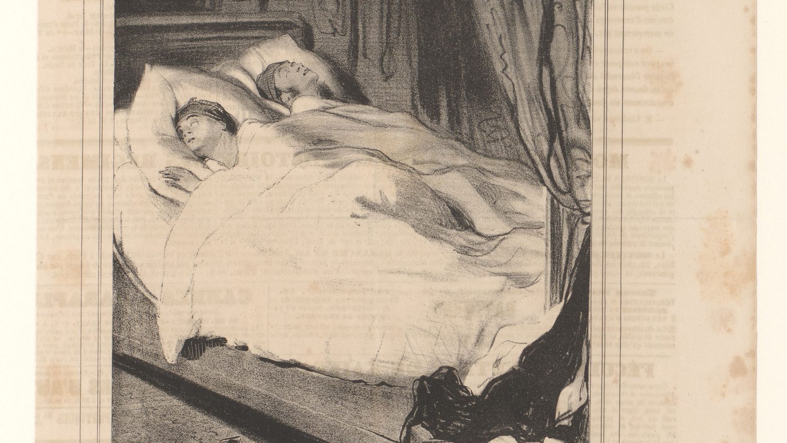 A historical sketch of a couple sleeping together in bed, both asleep side by side under bedding