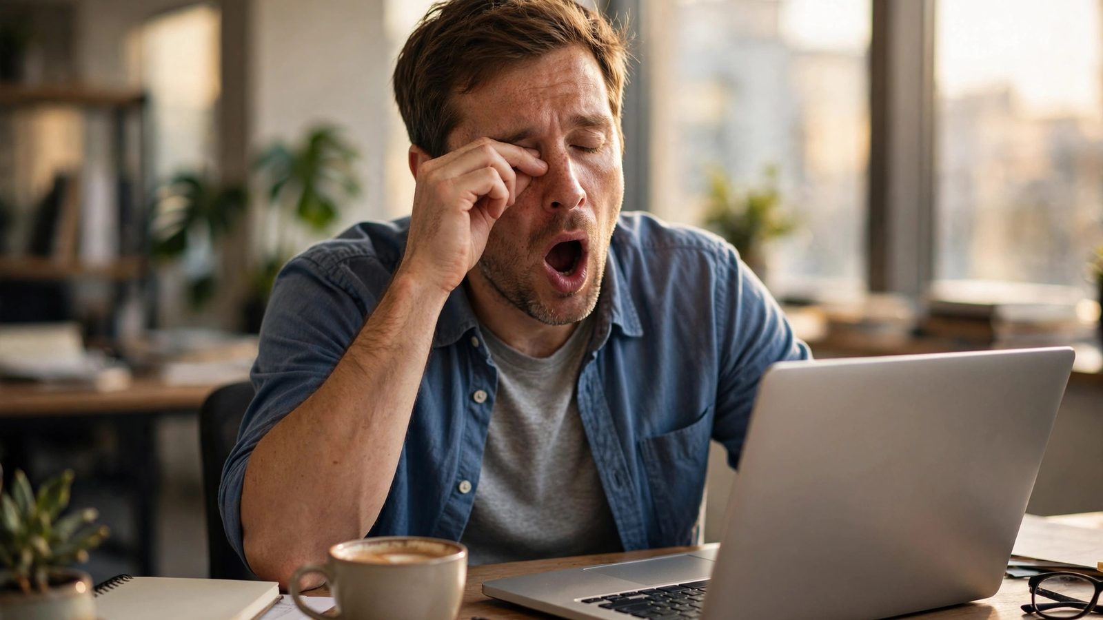 A man yawning and rubbing his eye at his desk in a sunny office in the afternoon, a laptop and coffee in front of him