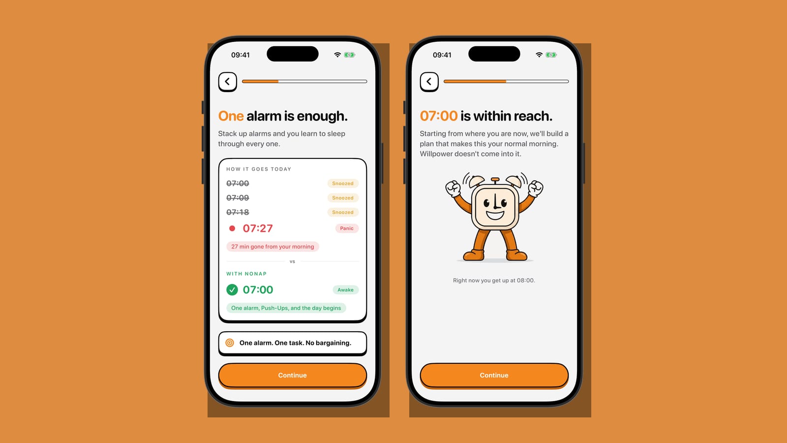 Two iPhone screens on a brand-orange background: NoNap comparing a snoozed morning to a single 07:00 wake-up, and a realistic wake-time goal screen