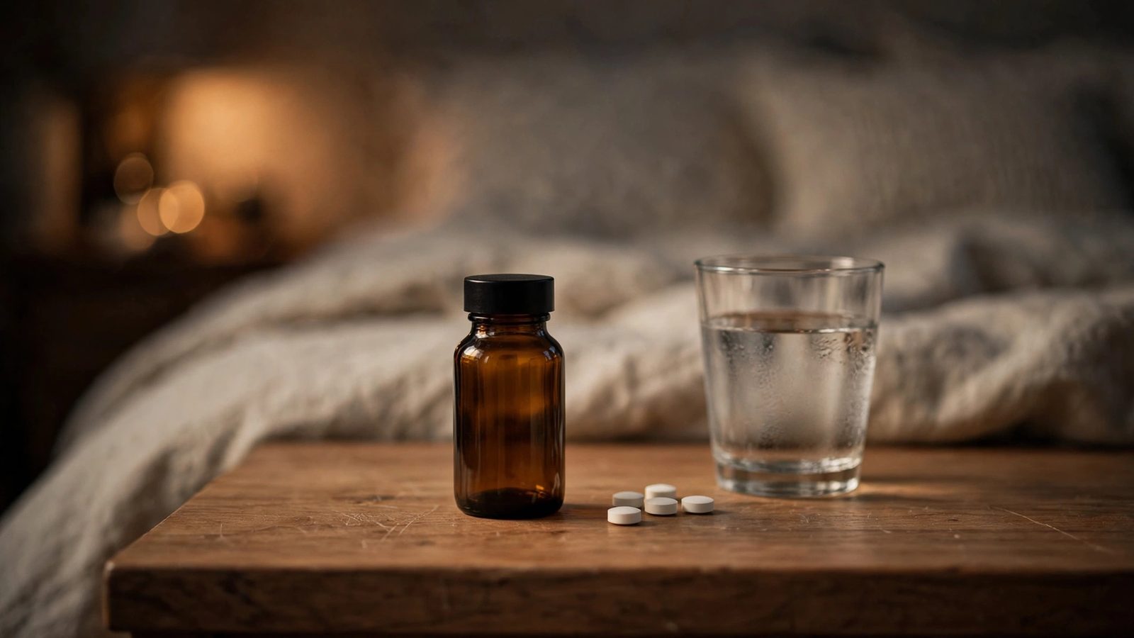 An amber supplement bottle and a few white tablets beside a glass of water on a nightstand in warm evening lamp light
