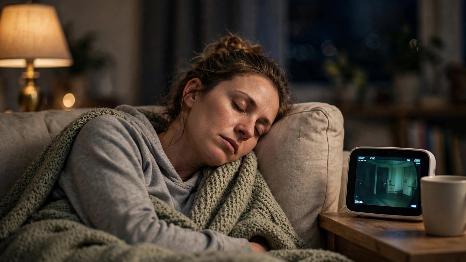 A parent asleep sitting up on a sofa at night under a knitted blanket, a video baby monitor glowing on the side table