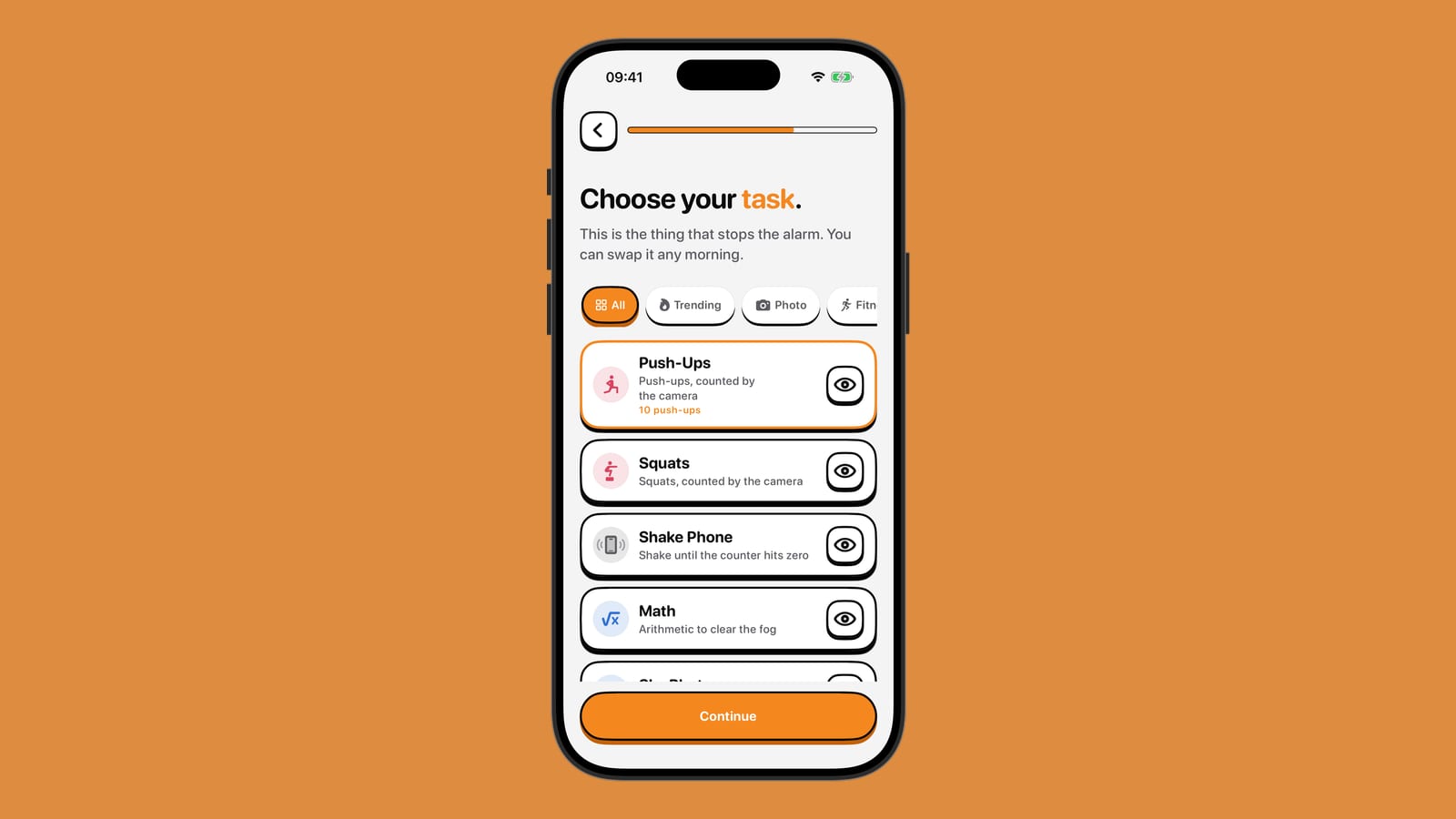 The NoNap wake task picker showing Push-Ups, Squats, Shake Phone and Math, on an orange background