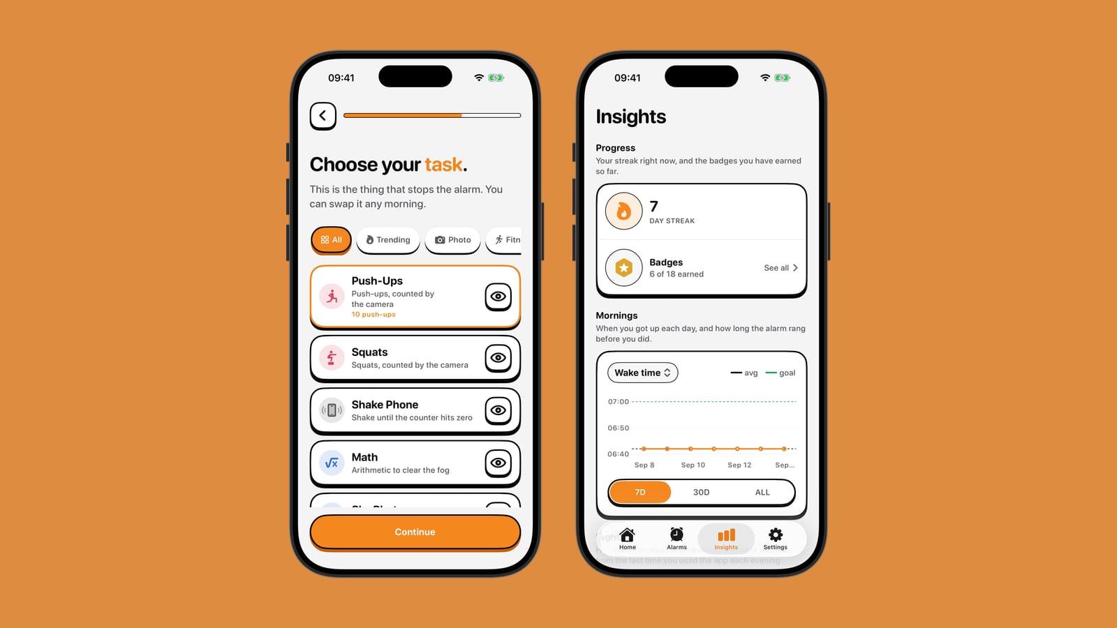 The NoNap wake task picker and insights dashboard shown side by side on an orange background