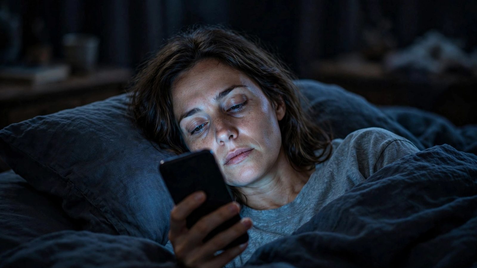 A tired woman lying in bed in a dark bedroom late at night, her face lit by the phone in her hand