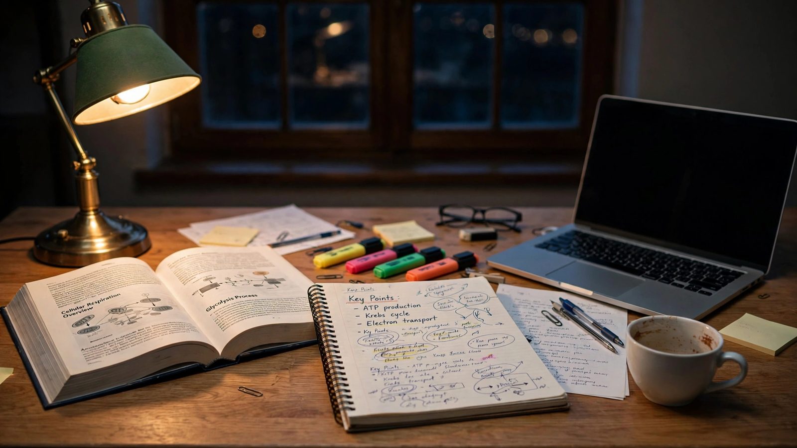 A study desk late at night covered in open textbooks, handwritten notes, highlighters and a laptop under a desk lamp