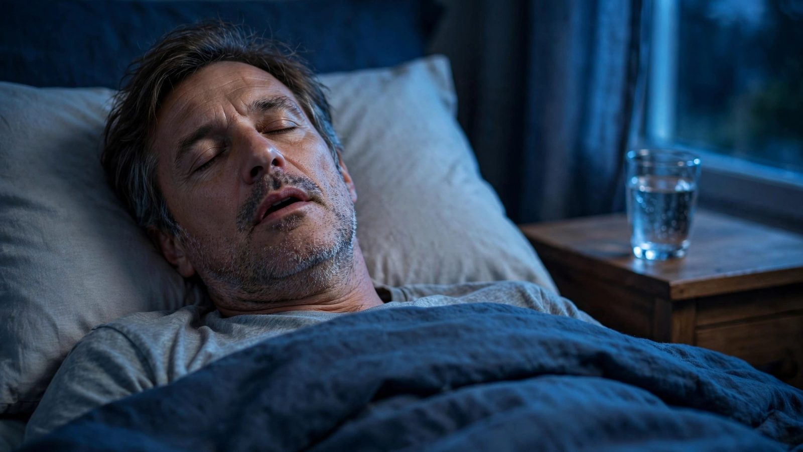 A middle-aged man asleep on his back in bed at night with his mouth slightly open, a glass of water on the nightstand