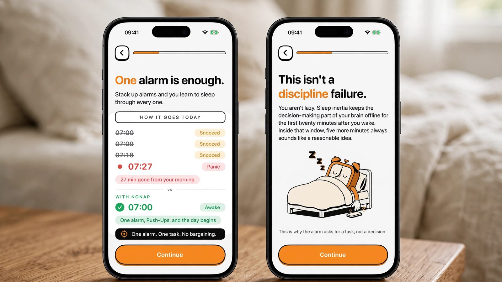 Two iPhones on a nightstand showing NoNap screens: one alarm compared with a stack of snoozed alarms, and the sleep inertia explainer