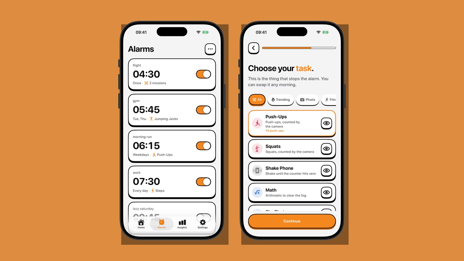 Two iPhone screens on a brand-orange background: NoNap's alarms list showing a Steps task set on the work alarm, next to the wake task picker