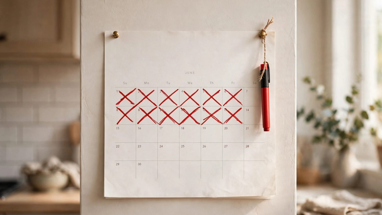 A paper wall calendar with a run of consecutive days crossed out in red marker, the marker hanging beside it