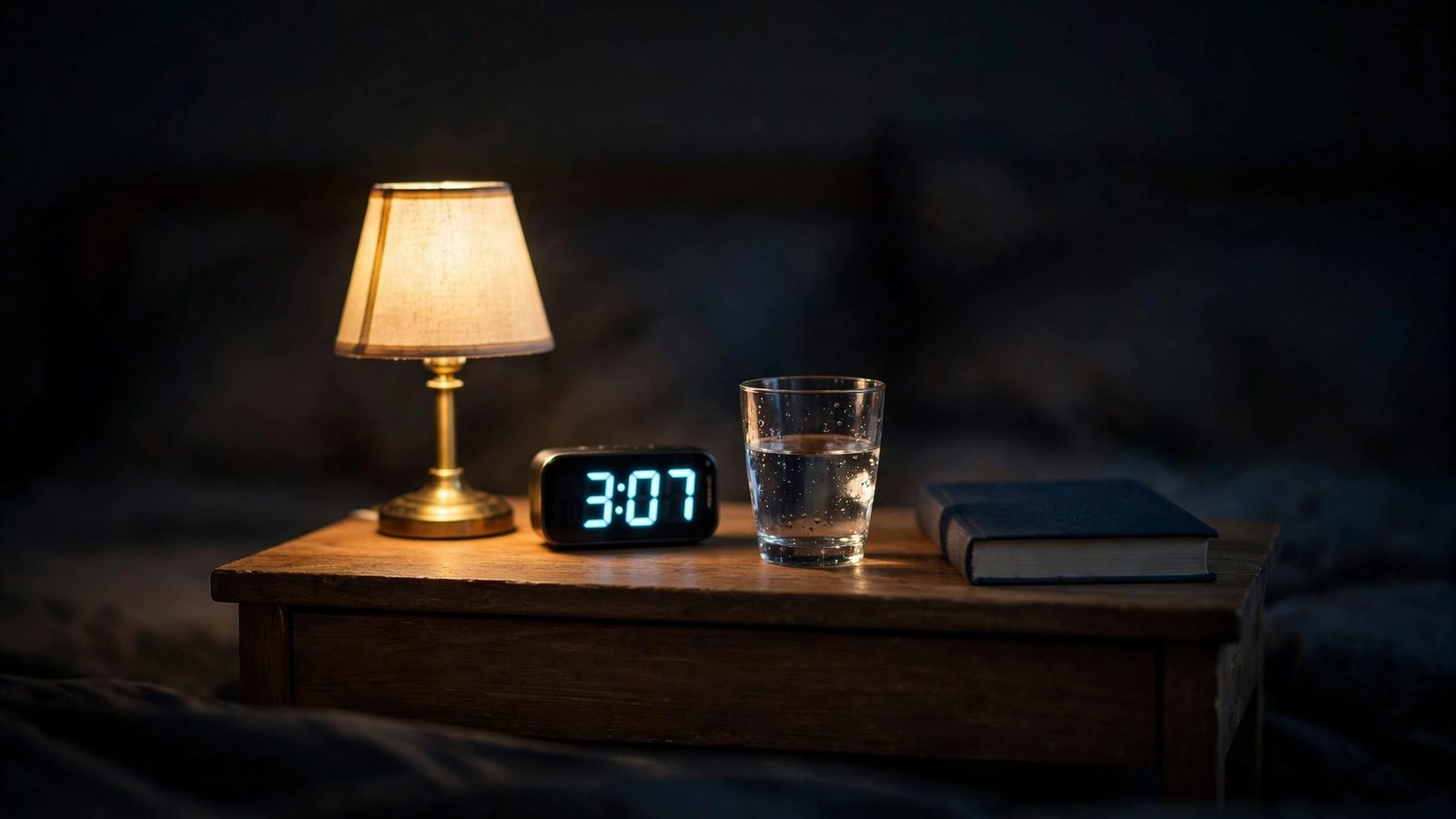 A nightstand lit by a small lamp in a dark bedroom, with a digital clock reading 3:07, a glass of water and a book