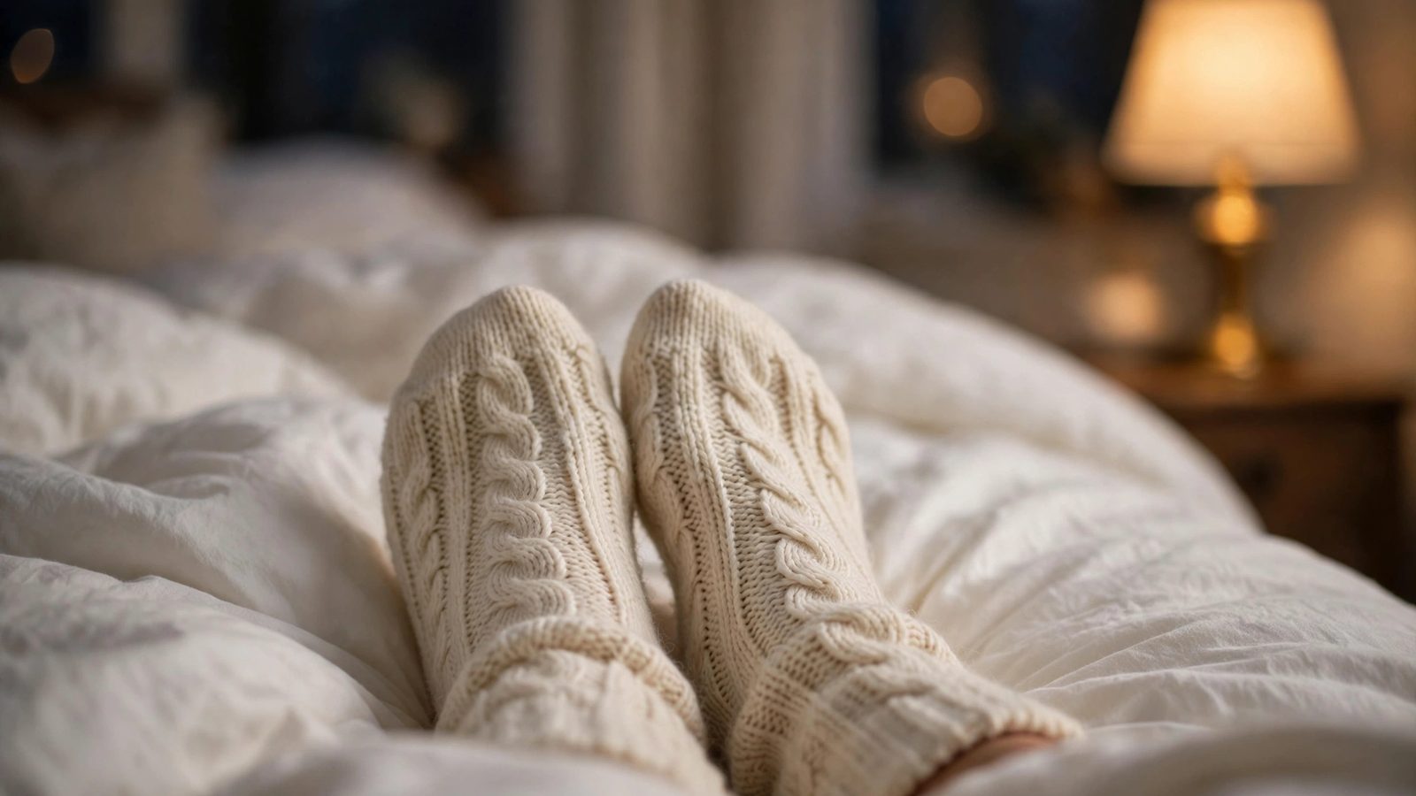 Feet in thick cream wool socks resting on white bedding at the end of a bed, a bedside lamp glowing behind