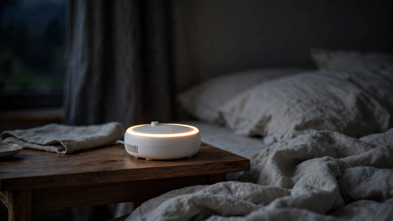 A small round white noise machine glowing softly on a nightstand beside a bed in a dark bedroom