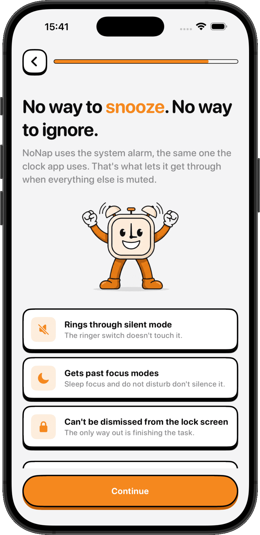 NoNap explaining that the alarm rings through silent mode and Focus