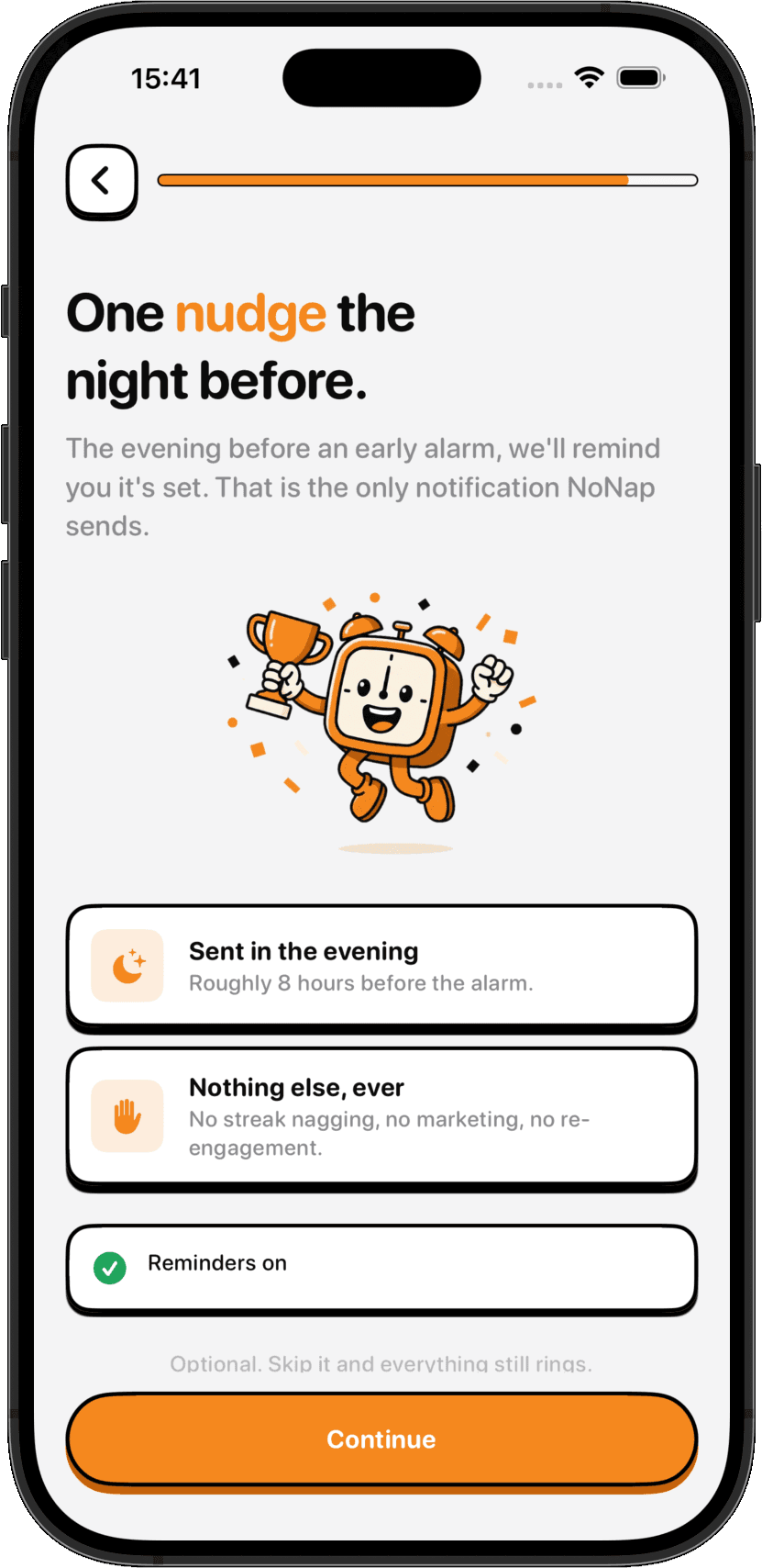 The NoNap night-before reminder screen