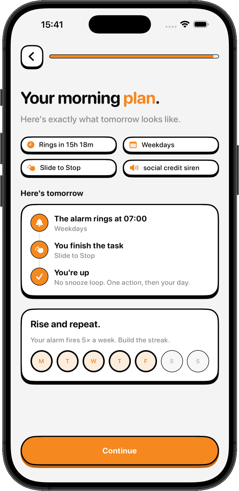The NoNap morning plan summary screen
