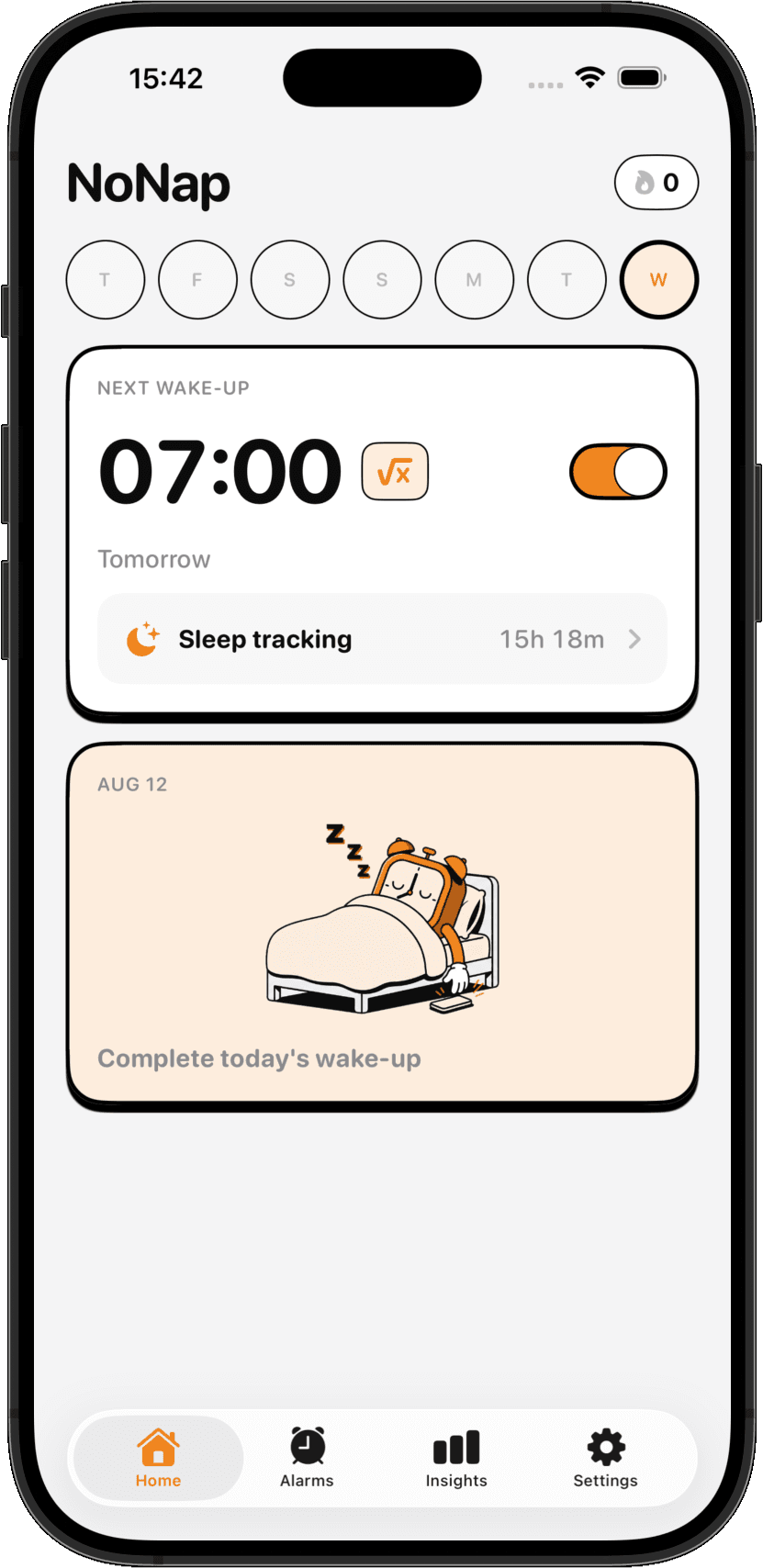 The NoNap home screen showing the next wake-up