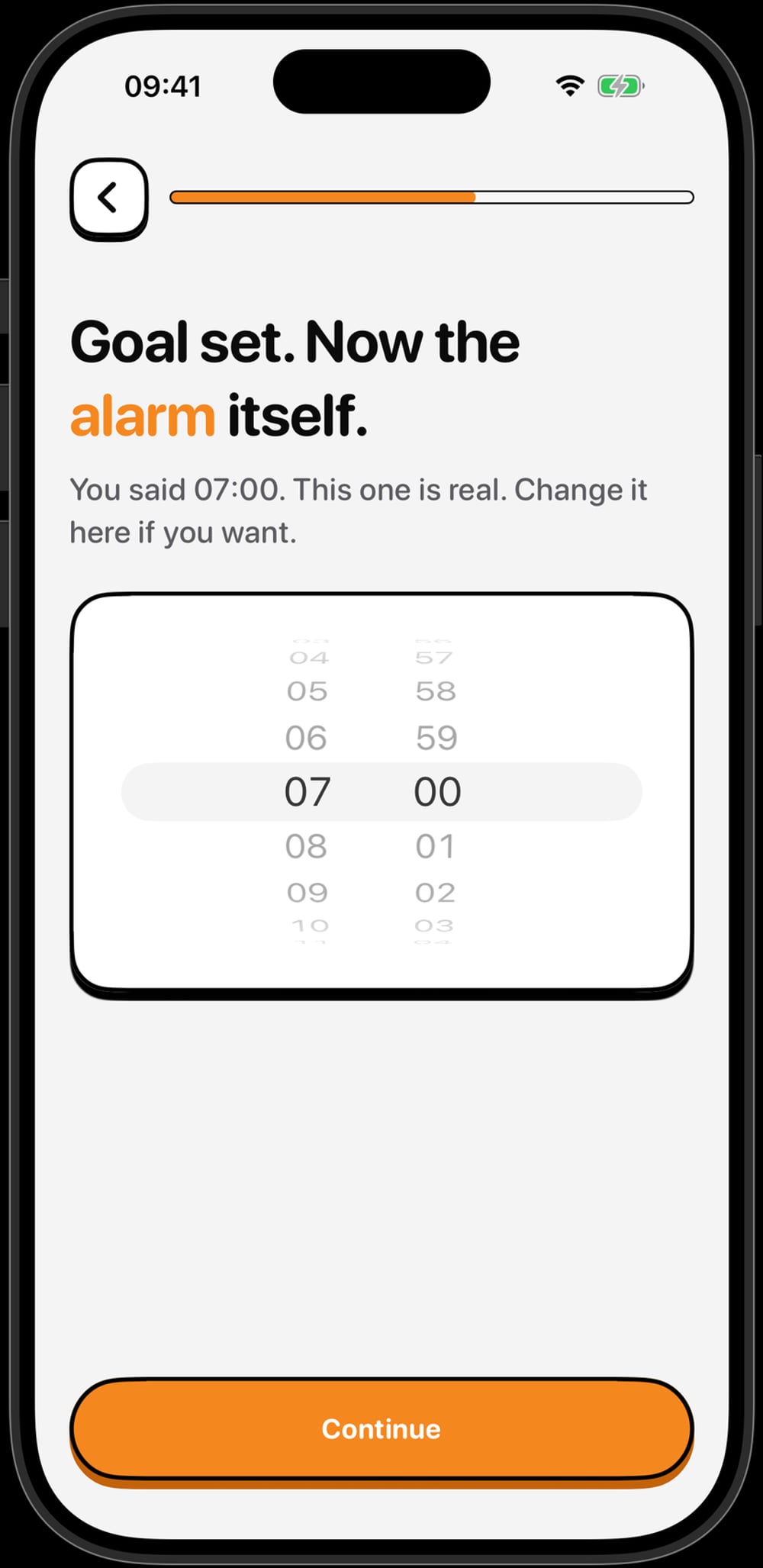 The alarm time picker screen in NoNap, set to an early morning wake time