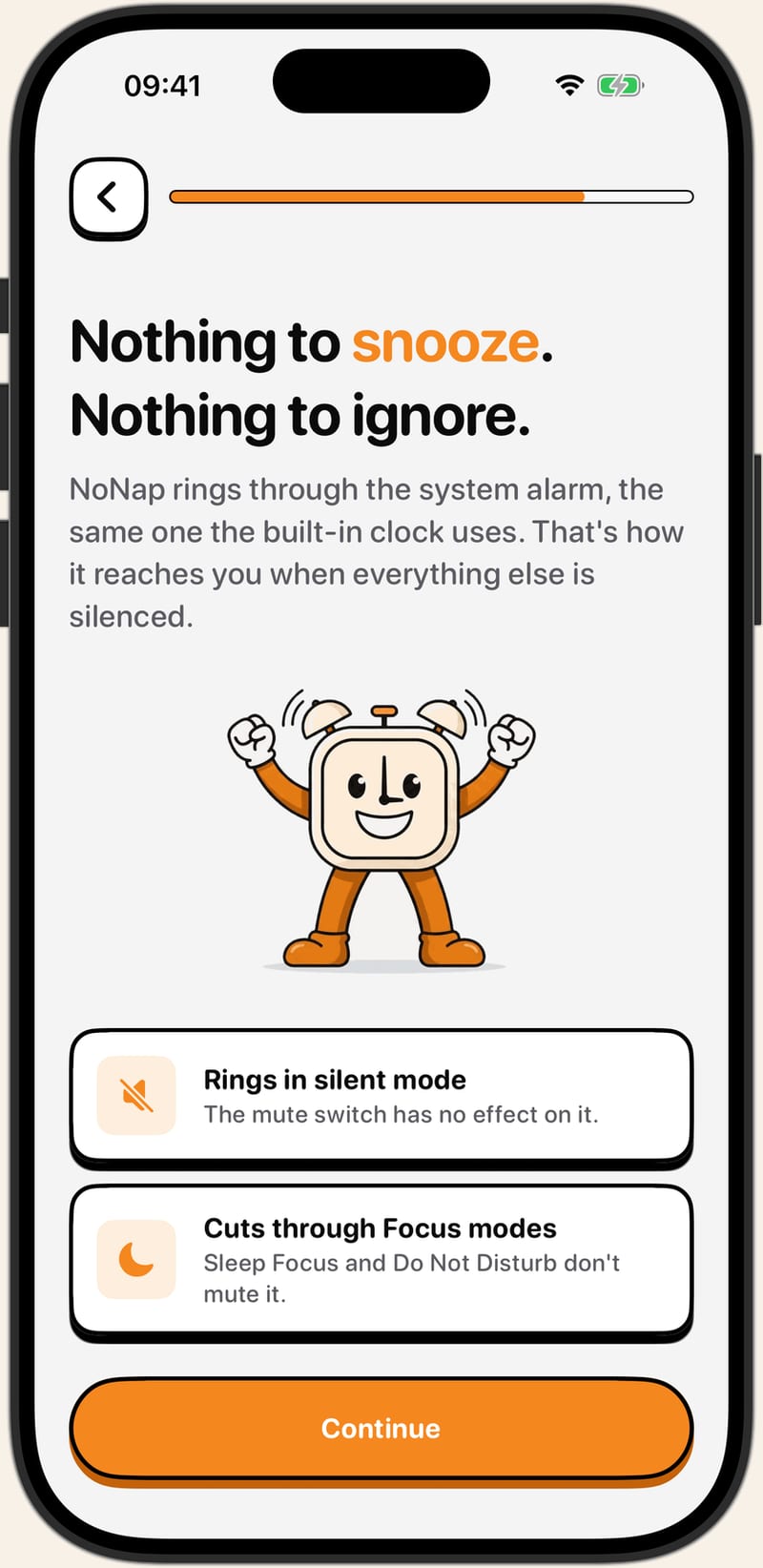 The NoNap app explaining that its alarm rings in silent mode and cuts through Focus modes