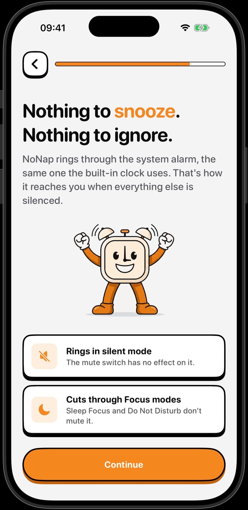 The NoNap app explaining that its alarm rings in silent mode and cuts through Focus modes