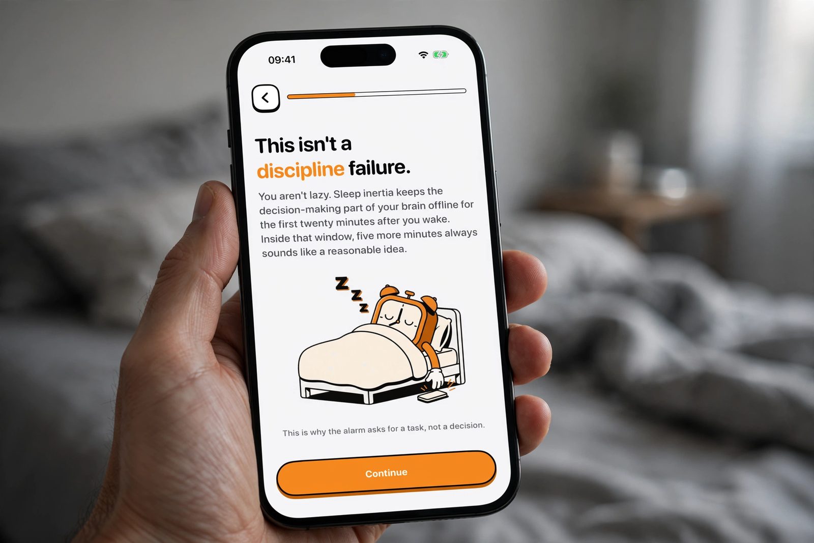 A hand holding an iPhone in early morning light, showing NoNap's onboarding screen explaining sleep inertia, with an alarm clock character asleep in bed