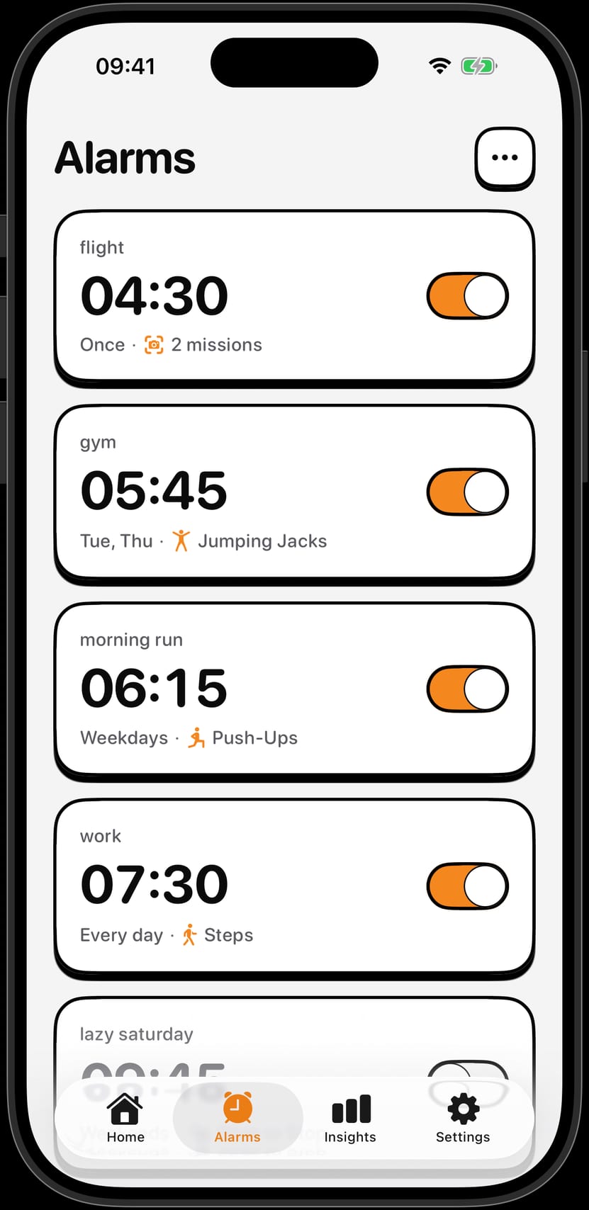 NoNap's alarms list showing five alarms, with the work alarm at 07:30 set to the Steps task