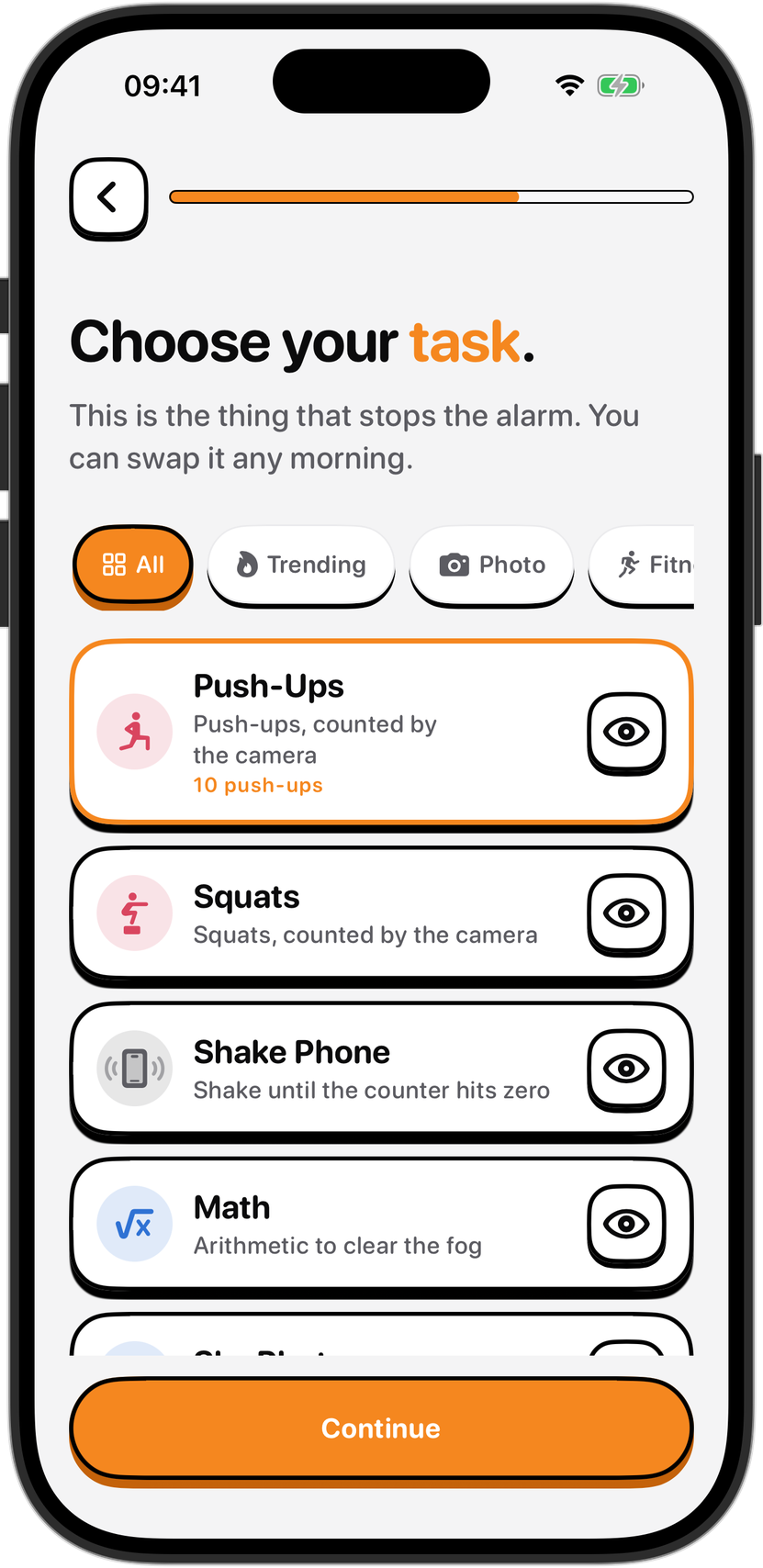 The NoNap wake task picker showing Push-Ups, Squats, Shake Phone and Math, each described as the thing that stops the alarm