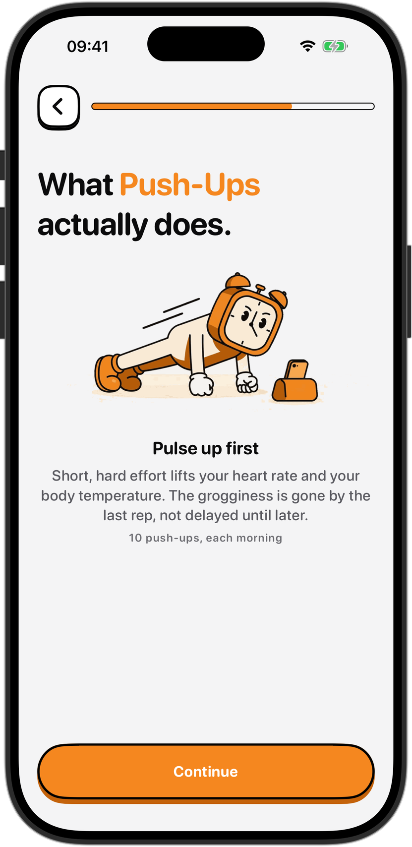The NoNap wake task picker showing Push-Ups, Squats, Shake Phone and Math, with a screen explaining that push-ups raise heart rate and body temperature